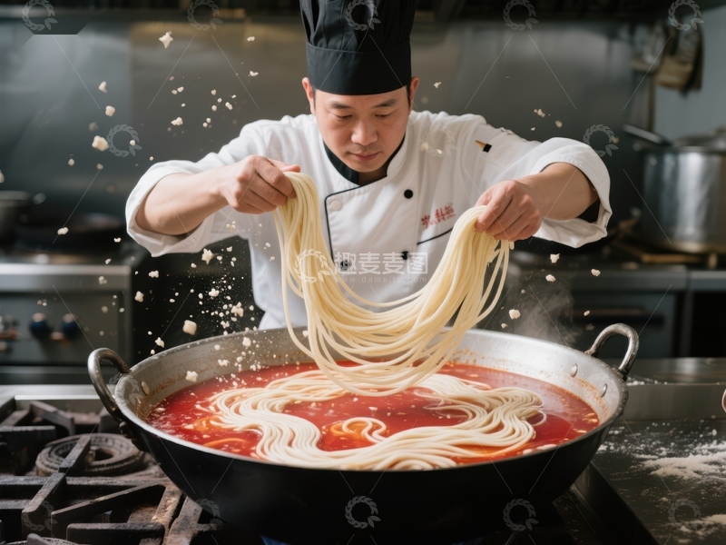 高清大图下载【趣麦麦图】厨师烹饪红汤拉面
