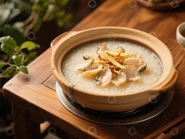 海鲜粥盛于陶锅中