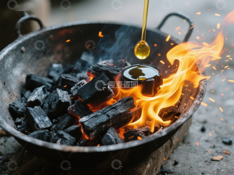 高清大图下载【趣麦麦图】炭火燃烧，油滴激起火花