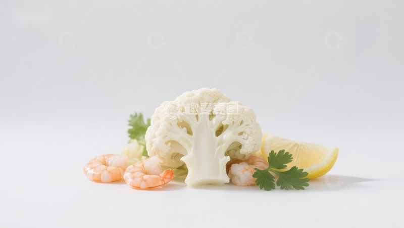 高清大图下载【趣麦麦图】新鲜花椰菜配虾仁与柠檬