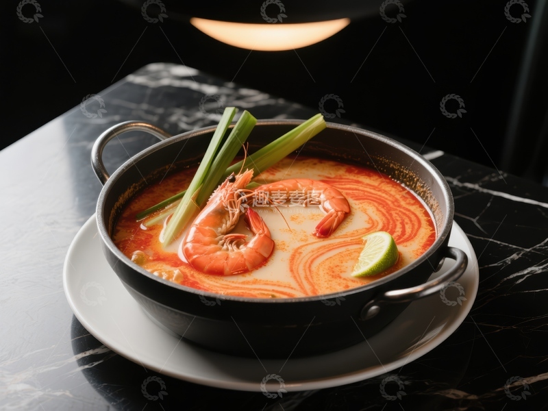 高清大图下载【趣麦麦图】泰式酸辣汤盛于黑色锅中