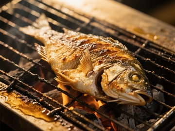 烤鱼在炭火上滋滋作响