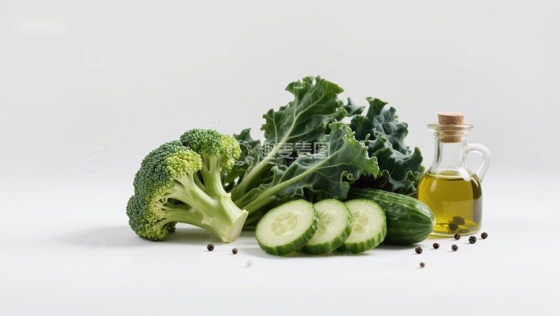 高清大图下载【趣麦麦图】绿色蔬菜与橄榄油的健康组合