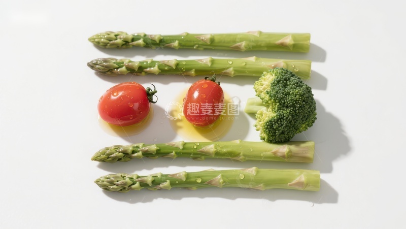 高清大图下载【趣麦麦图】新鲜蔬菜组合：芦笋、樱桃番茄和西兰花
