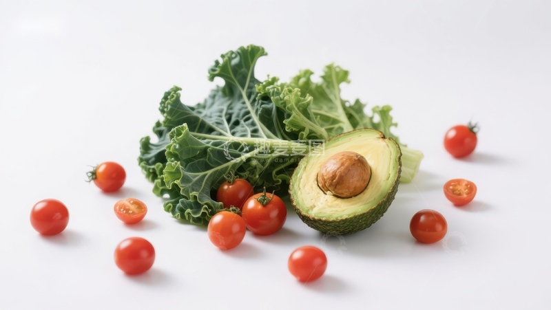 高清大图下载【趣麦麦图】新鲜蔬菜组合：牛油果、羽衣甘蓝与樱桃番茄