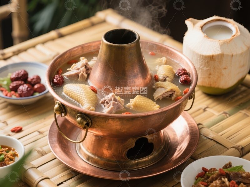 高清大图下载【趣麦麦图】铜锅热煮鸡肉椰奶火锅