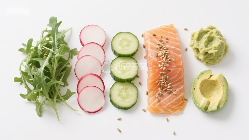 高清大图下载【趣麦麦图】新鲜食材排列：三文鱼、蔬菜与牛油果