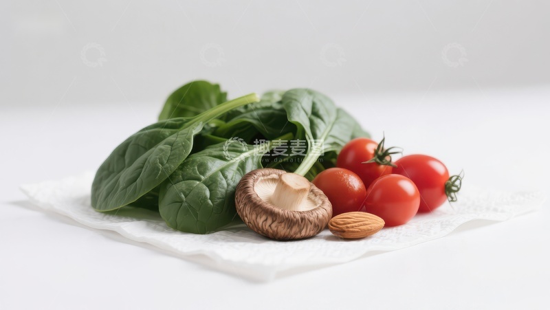 高清大图下载【趣麦麦图】新鲜蔬菜组合：菠菜、蘑菇与樱桃番茄