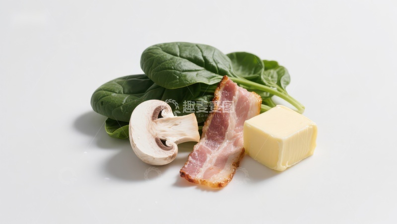 高清大图下载【趣麦麦图】新鲜食材组合：菠菜、蘑菇、培根和黄油