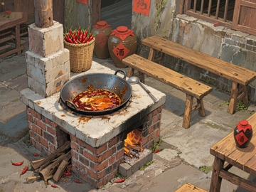 户外砖砌灶台烹饪美食
