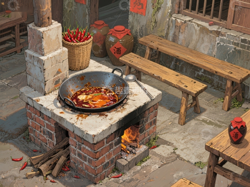 高清大图下载【趣麦麦图】户外砖砌灶台烹饪美食
