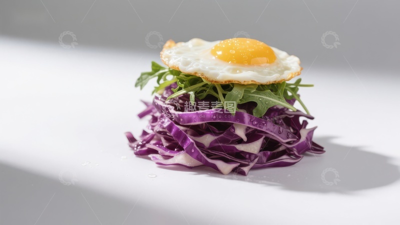 高清大图下载【趣麦麦图】紫甘蓝配煎蛋与绿叶蔬菜