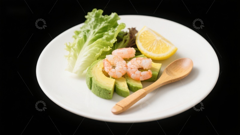 高清大图下载【趣麦麦图】虾仁牛油果沙拉配柠檬