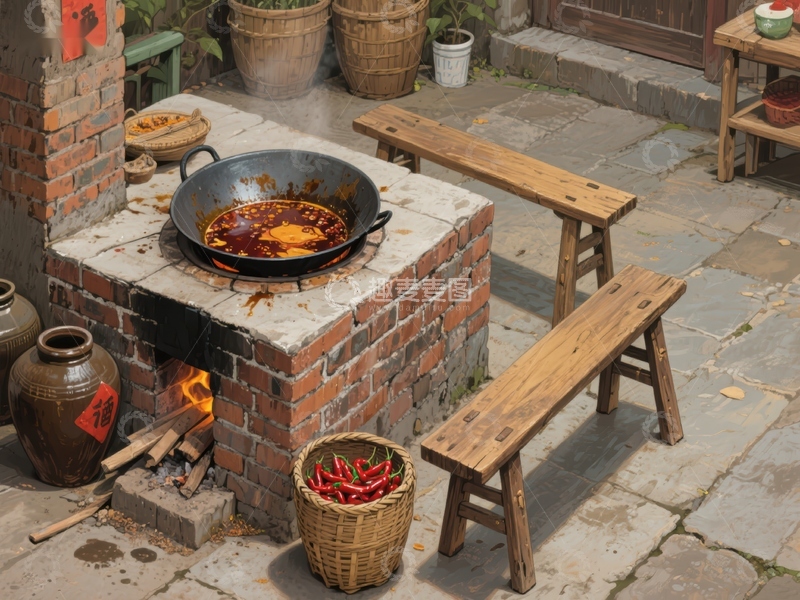 高清大图下载【趣麦麦图】砖砌灶台上的烹饪场景