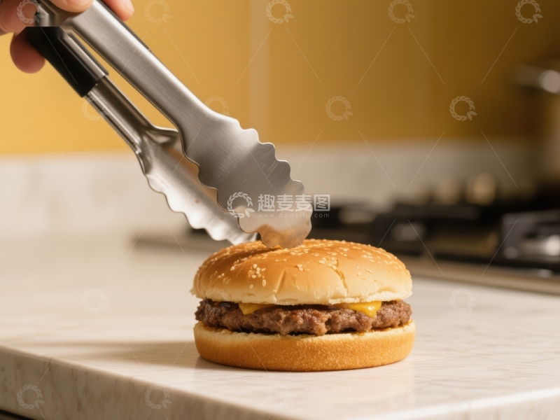 高清大图下载【趣麦麦图】夹子放置汉堡顶部面包