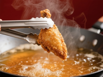 油炸鸡块被夹起，热气腾腾