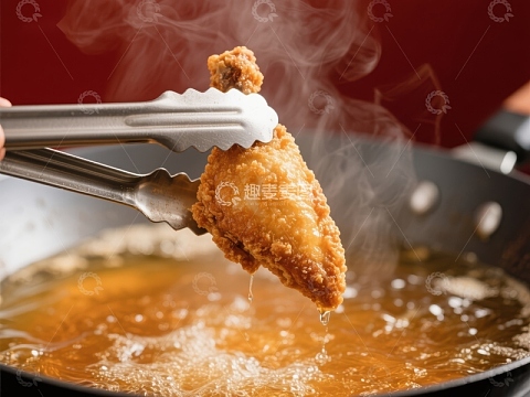 油炸鸡块被夹起，热气腾腾