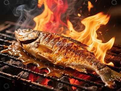 火焰炙烤的整条鱼