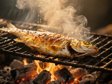 烤鱼在火焰上滋滋作响