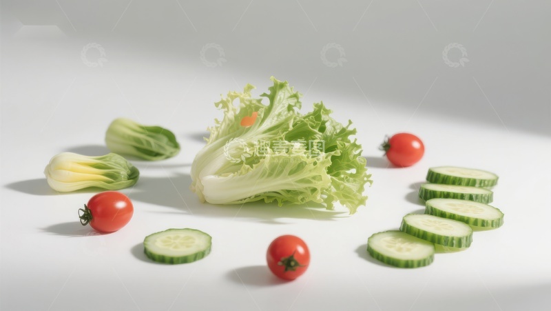高清大图下载【趣麦麦图】新鲜蔬菜组合：生菜、黄瓜和樱桃番茄