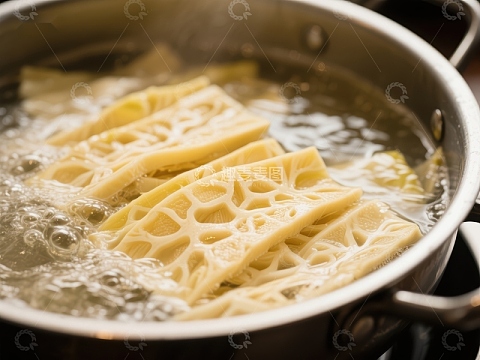 宽面条在沸水中煮制