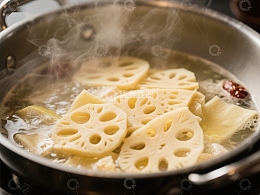 莲藕片在锅中煮沸