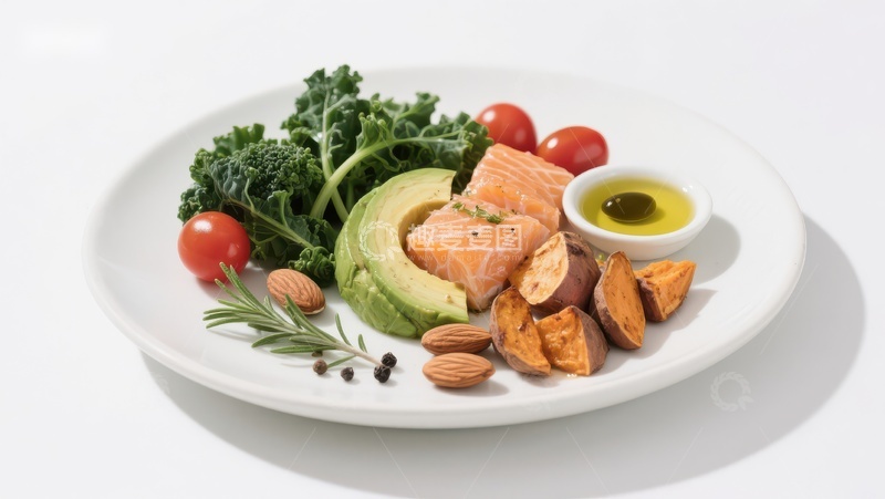 高清大图下载【趣麦麦图】健康餐盘：三文鱼、牛油果与蔬菜