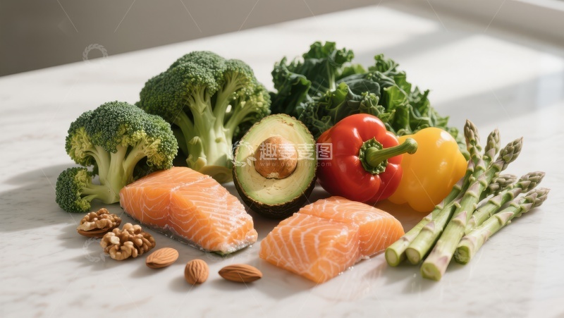 高清大图下载【趣麦麦图】新鲜食材组合：三文鱼、蔬菜与坚果