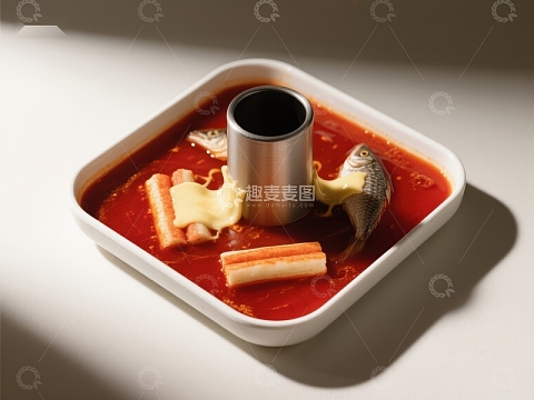 红色汤汁中的食材与金属杯