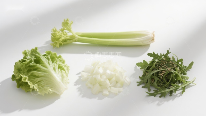 高清大图下载【趣麦麦图】新鲜蔬菜组合：生菜、洋葱、芹菜与芝麻菜