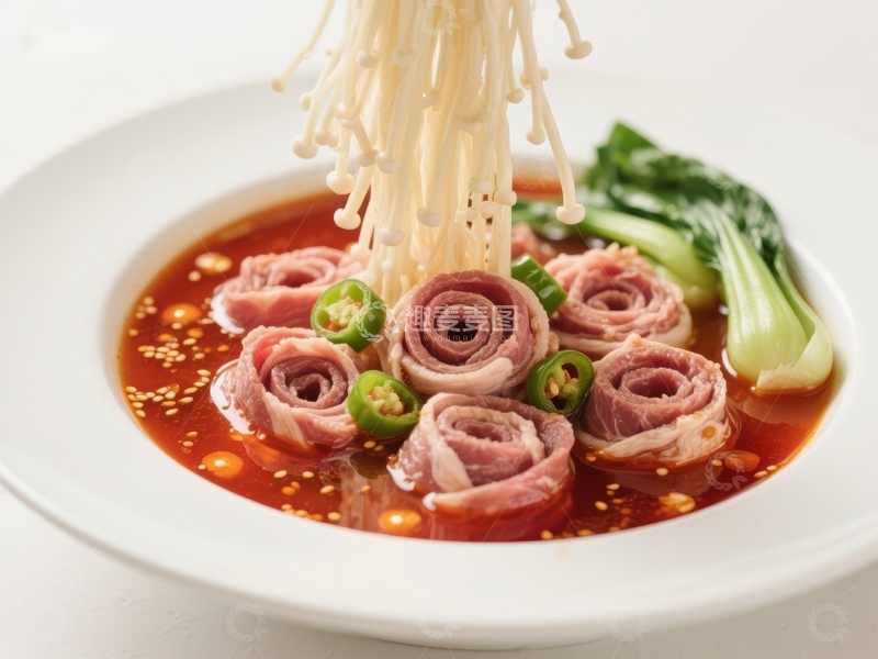 高清大图下载【趣麦麦图】金针菇卷肉片配青菜红油汤