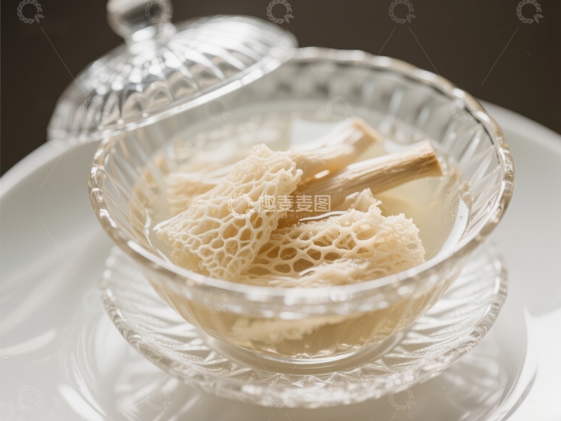 高清大图下载【趣麦麦图】竹荪炖汤，清透玻璃碗中呈现