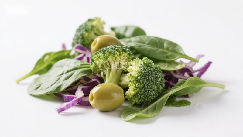 高清大图下载【趣麦麦图】新鲜蔬菜组合：西兰花、菠菜与橄榄