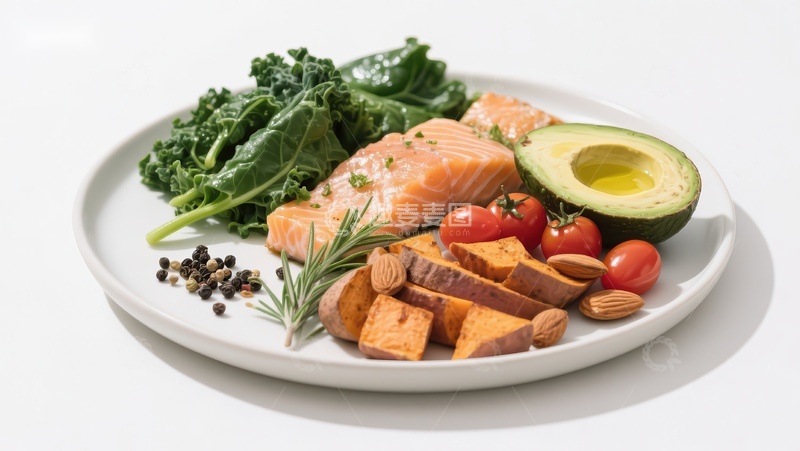 高清大图下载【趣麦麦图】健康餐盘：三文鱼、甜薯与蔬菜