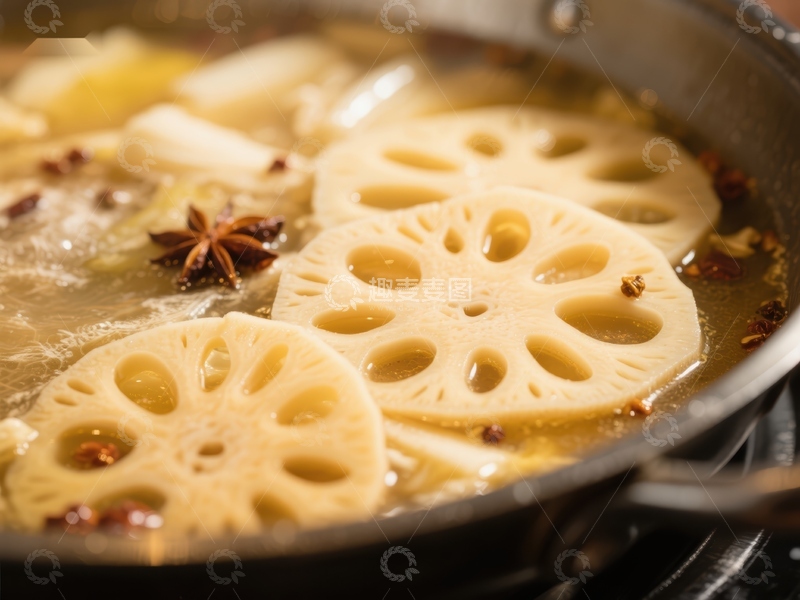 高清大图下载【趣麦麦图】莲藕片在锅中炖煮