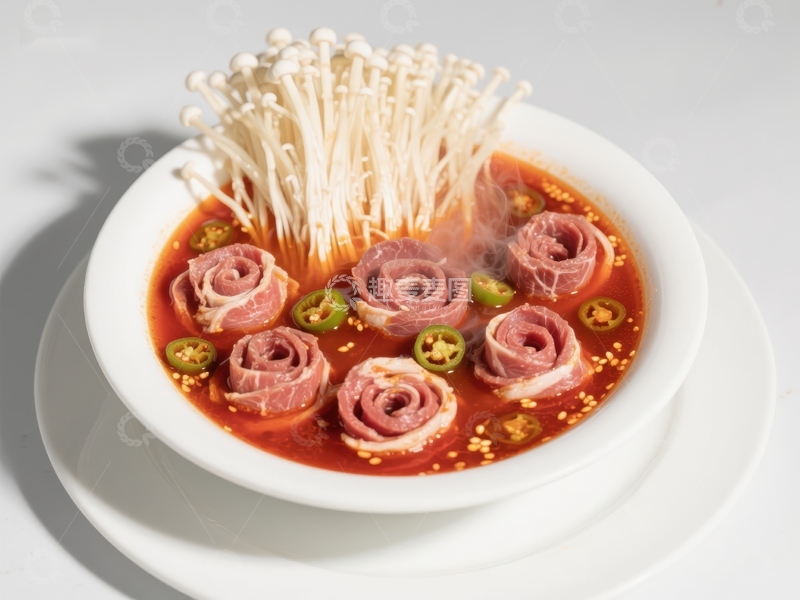 高清大图下载【趣麦麦图】金针菇卷肉片配辣椒酱
