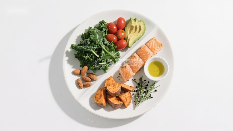 高清大图下载【趣麦麦图】均衡饮食：三文鱼、蔬菜与坚果的健康组合