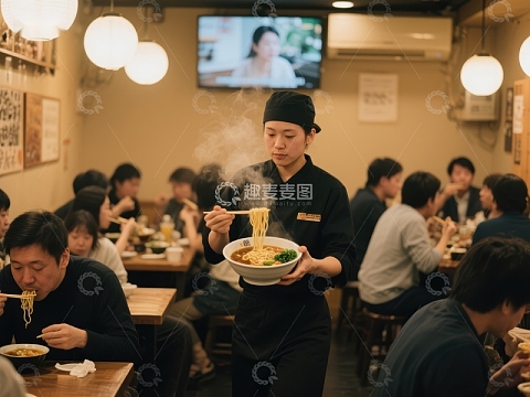 餐厅服务员端送热气腾腾的面条