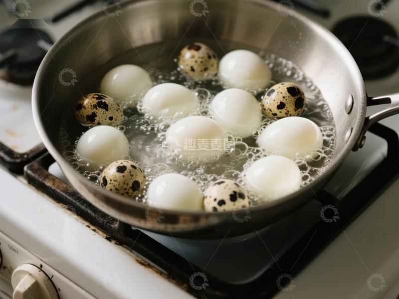 高清大图下载【趣麦麦图】锅中煮沸的鹌鹑蛋和鸡蛋