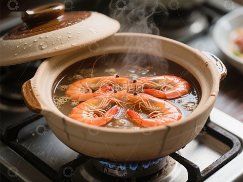 砂锅煮虾，热气腾腾