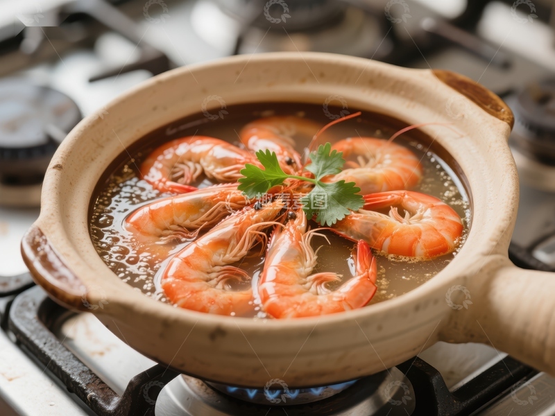 高清大图下载【趣麦麦图】砂锅煮虾，香气四溢