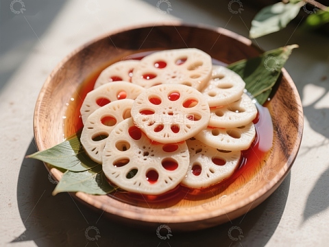 莲藕片浸酱汁，清新自然美食