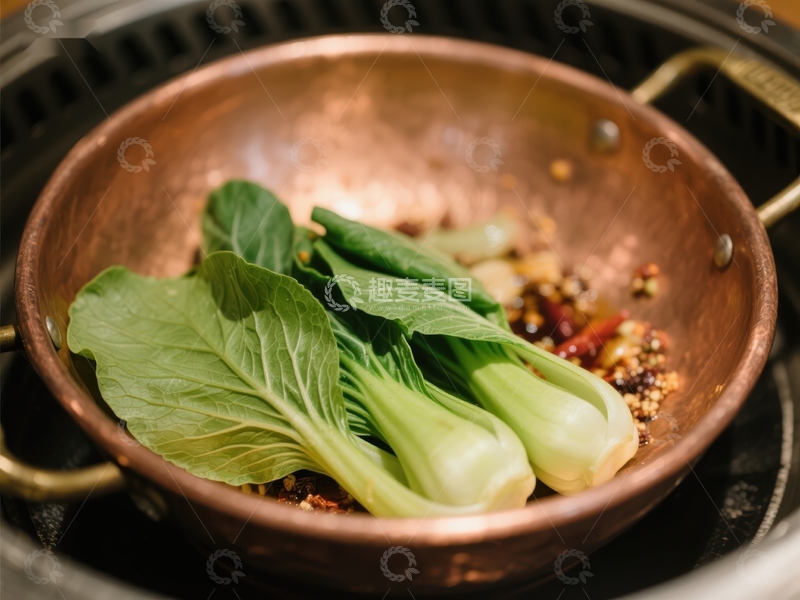 高清大图下载【趣麦麦图】铜锅中的青菜与调料
