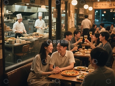 餐厅内温馨用餐，厨师忙碌备菜