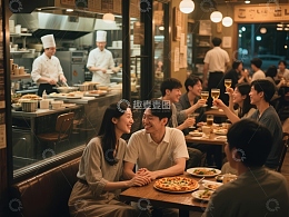 餐厅内温馨用餐，厨师忙碌备菜