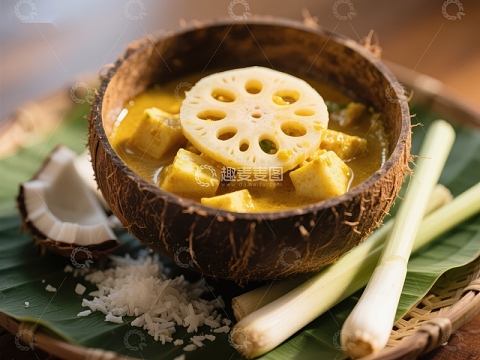 椰壳盛装的莲藕豆腐咖喱