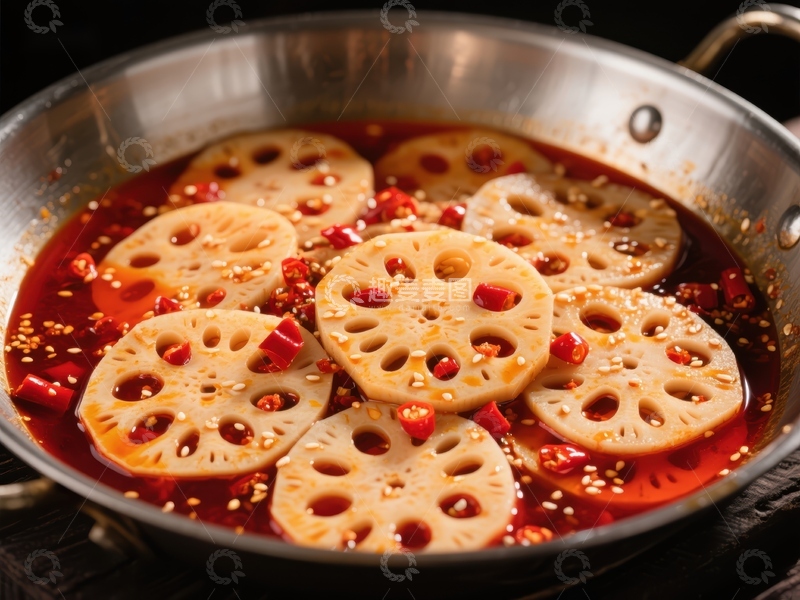 高清大图下载【趣麦麦图】麻辣莲藕片锅中烹煮