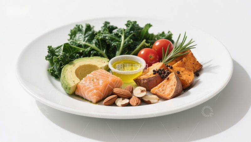 高清大图下载【趣麦麦图】健康餐盘：三文鱼、甜薯与绿叶蔬菜