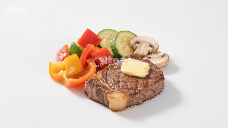 高清大图下载【趣麦麦图】牛排配蔬菜，黄油点缀