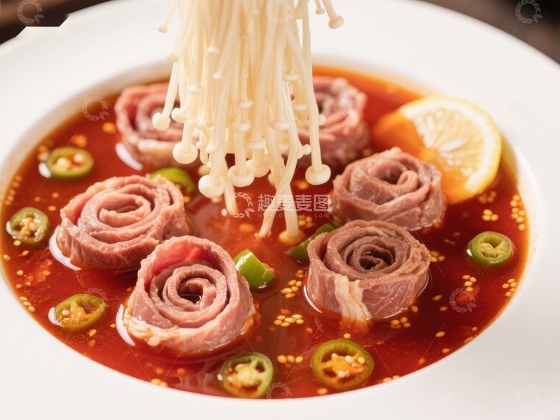 高清大图下载【趣麦麦图】牛肉卷配金针菇的辣汤